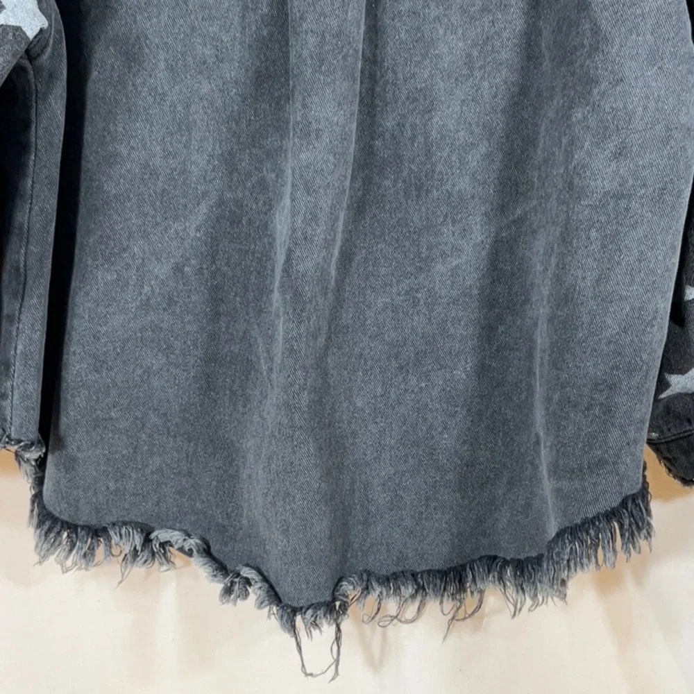 POL Oversized Gray Stone Washed Denim, white star distressed frayed hem Shacket